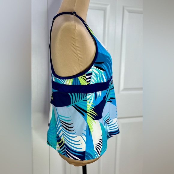 Blue and Green Leaf Print Women's Swim Top - Picture 3 of 15